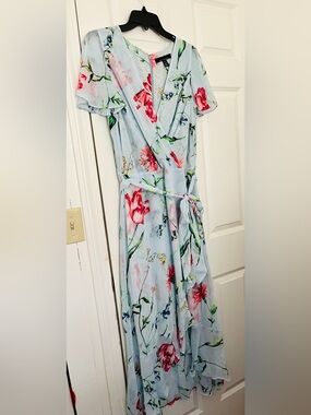 White House Black Market Light Blue Floral Wrap Maxi Dress With Protective Bag